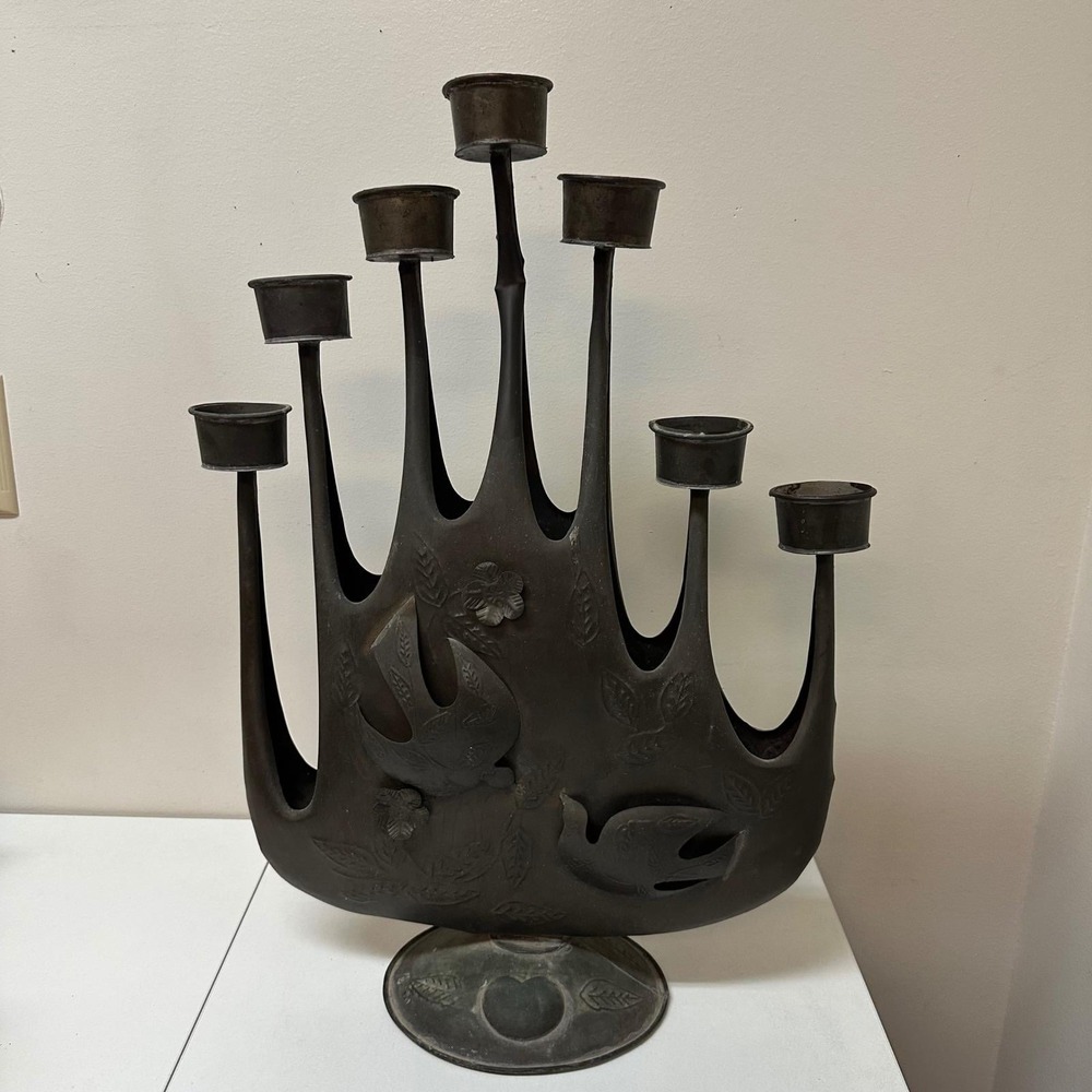 Vtg Gene Byron Mexican Brutalist 7 Cup Candelabra Bird Floral Brass Sculpture - Picture 9 of 13